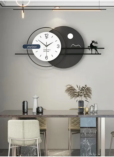 Modern Deer &amp; Moon Design Wall Clock With Silent Quartz Movement (W80 x H38)cm BF538 - Black