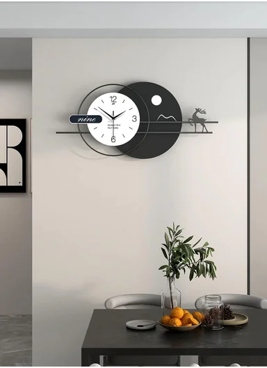 Modern Deer &amp; Moon Design Wall Clock With Silent Quartz Movement (W80 x H38)cm BF538 - Black