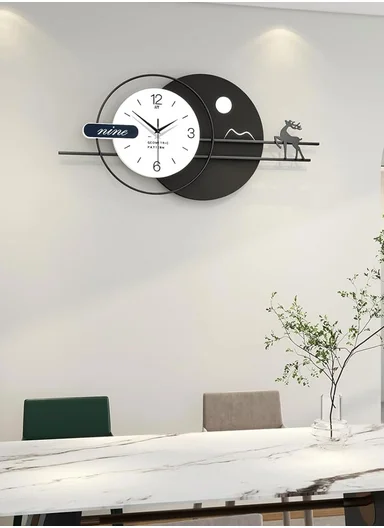 Modern Deer &amp; Moon Design Wall Clock With Silent Quartz Movement (W80 x H38)cm BF538 - Black