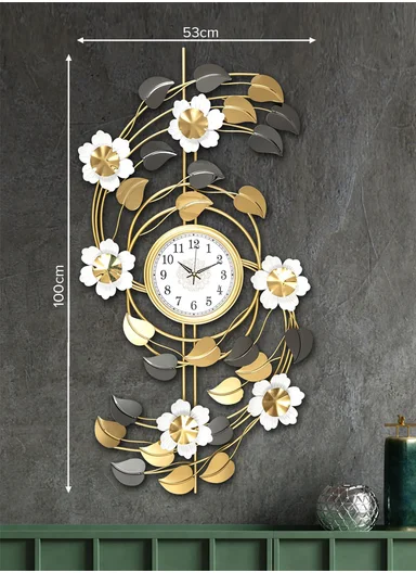 Luxury Floral Design Wall Clock with Silent Quartz Movement (W53 × H100)cm BF1027 - Gold