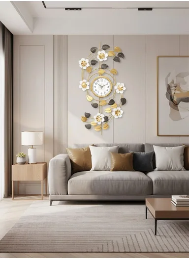 Luxury Floral Design Wall Clock with Silent Quartz Movement (W53 × H100)cm BF1027 - Gold