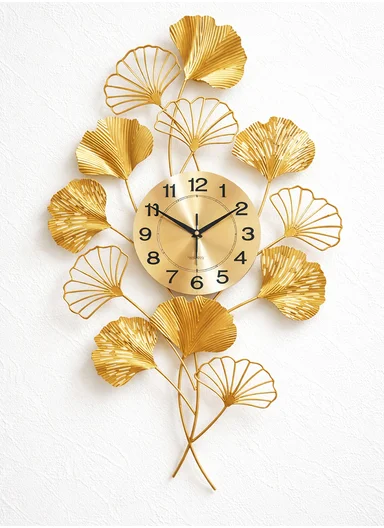 Luxury Leaves Metal Wall Clock With Silent Quartz Movement BF342 (W50 × H99)cm - Gold 