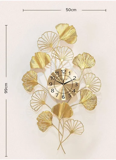 Luxury Leaves Metal Wall Clock With Silent Quartz Movement BF342 (W50 × H99)cm - Gold 