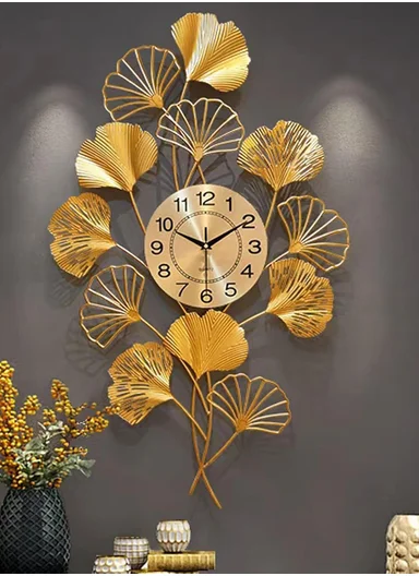 Luxury Leaves Metal Wall Clock With Silent Quartz Movement BF342 (W50 × H99)cm - Gold 
