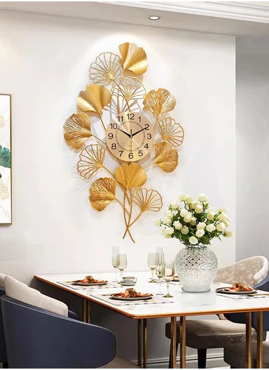 Luxury Leaves Metal Wall Clock With Silent Quartz Movement BF342 (W50 × H99)cm - Gold 