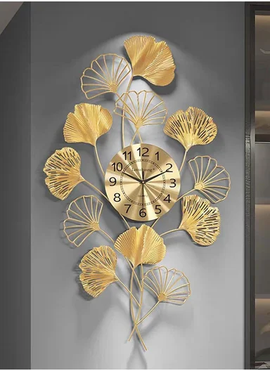 Luxury Leaves Metal Wall Clock With Silent Quartz Movement BF342 (W50 × H99)cm - Gold 