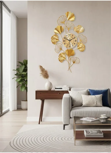 Luxury Leaves Metal Wall Clock With Silent Quartz Movement BF342 (W50 × H99)cm - Gold 
