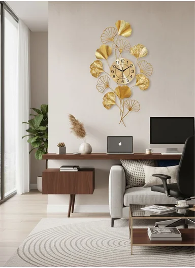 Luxury Leaves Metal Wall Clock With Silent Quartz Movement BF342 (W50 × H99)cm - Gold 