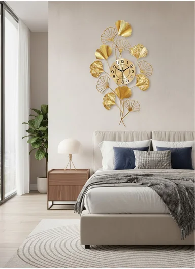 Luxury Leaves Metal Wall Clock With Silent Quartz Movement BF342 (W50 × H99)cm - Gold 