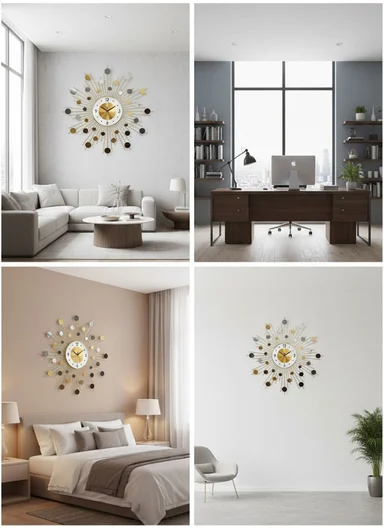 Luxury Sunburst Metal Wall Clock with Silent Quartz Movement BF346 – Gold