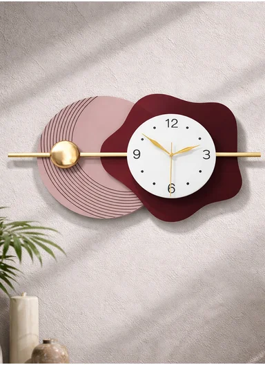 Modern Geometric &amp; Flower Design Wall Clock (W80 x H40)cm BF526 - Pink &amp; Bordeaux
