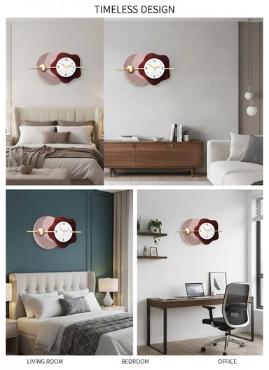 Modern Geometric &amp; Flower Design Wall Clock (W80 x H40)cm BF526 - Pink &amp; Bordeaux