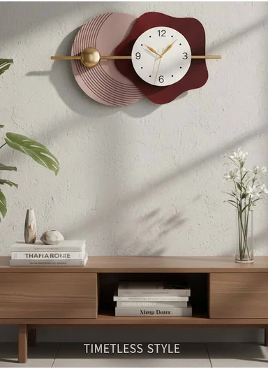 Modern Geometric &amp; Flower Design Wall Clock (W80 x H40)cm BF526 - Pink &amp; Bordeaux