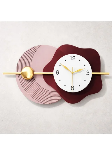 Modern Geometric &amp; Flower Design Wall Clock (W80 x H40)cm BF526 - Pink &amp; Bordeaux