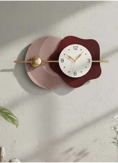 Modern Geometric &amp; Flower Design Wall Clock (W80 x H40)cm BF526 - Pink &amp; Bordeaux