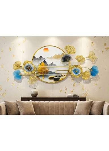 Luxury Metal Wall Art With Landscape Painting &amp; Floral Design (W150 x H60)cm BF-S001 - Gold