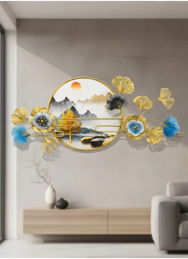 Luxury Metal Wall Art With Landscape Painting &amp; Floral Design (W150 x H60)cm BF-S001 - Gold