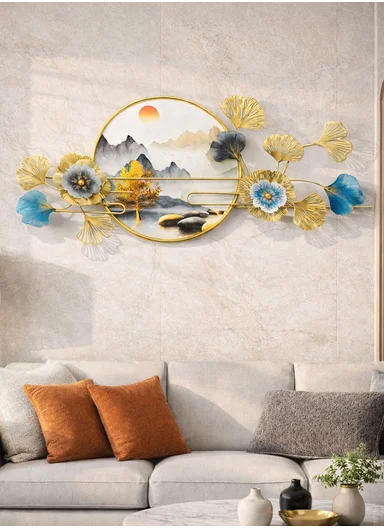 Luxury Metal Wall Art With Landscape Painting &amp; Floral Design (W150 x H60)cm BF-S001 - Gold
