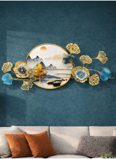 Luxury Metal Wall Art With Landscape Painting &amp; Floral Design (W150 x H60)cm BF-S001 - Gold