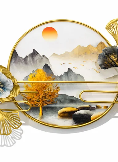 Luxury Metal Wall Art With Landscape Painting &amp; Floral Design (W150 x H60)cm BF-S001 - Gold