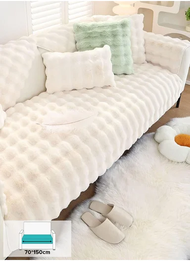 70x150cm 2-Seat Deluxe Faux Fur Bubble Design Sofa Cover - White