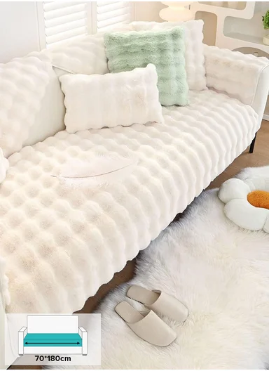 70x180cm 3-Seat Deluxe Faux Fur Bubble Design Sofa Cover - White