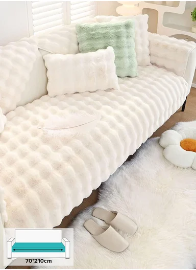 70x210cm 4-Seat Deluxe Faux Fur Bubble Design Sofa Cover - White