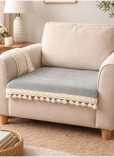 70x70cm 1-Seat Rustic Chenille Sofa Cover with Cream Braided Trim - Grey