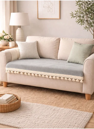 70x150cm 2-Seat Rustic Chenille Sofa Cover with Cream Braided Trim - Grey