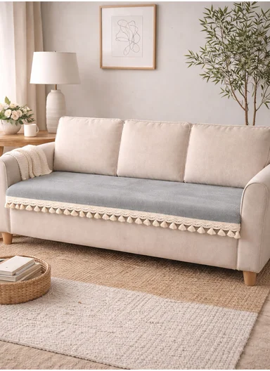 70x180cm 3-Seat Rustic Chenille Sofa Cover with Cream Braided Trim - Grey