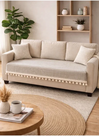 70x180cm 3-Seat Rustic Chenille Sofa Cover with Cream Braided Trim - Greige