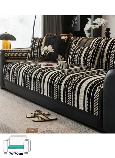 70x70cm 1-Seat Stripe Pattern Quilted Chenille Sofa Cover - Black &amp; White
