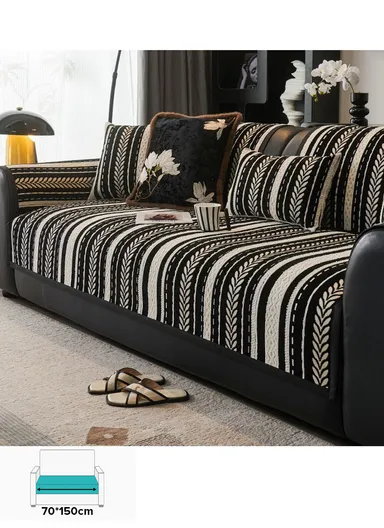 70x150cm 2-Seat Stripe Pattern Quilted Chenille Sofa Cover - Black &amp; White