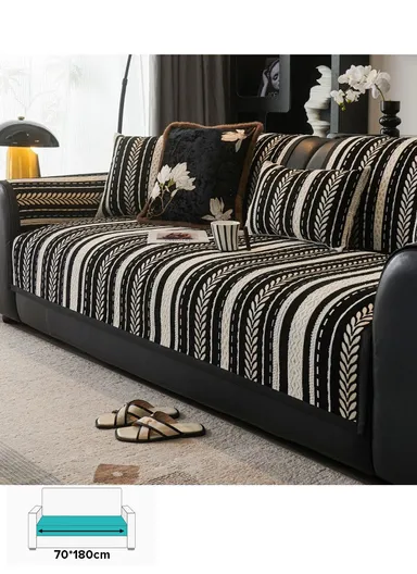 70x180cm 3-Seat Stripe Pattern Quilted Chenille Sofa Cover - Black &amp; White