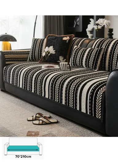 70x210cm 4-Seat Stripe Pattern Quilted Chenille Sofa Cover - Black &amp; White