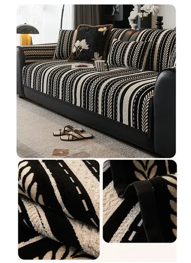 70x210cm 4-Seat Stripe Pattern Quilted Chenille Sofa Cover - Black &amp; White