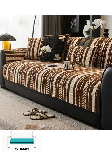70x180cm 3-Seat Stripe Pattern Quilted Chenille Sofa Cover - Brown &amp; Beige