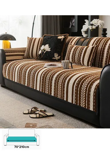 70x210cm 4-Seat Stripe Pattern Quilted Chenille Sofa Cover - Brown &amp; Beige