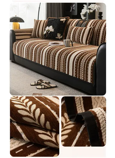 70x210cm 4-Seat Stripe Pattern Quilted Chenille Sofa Cover - Brown &amp; Beige