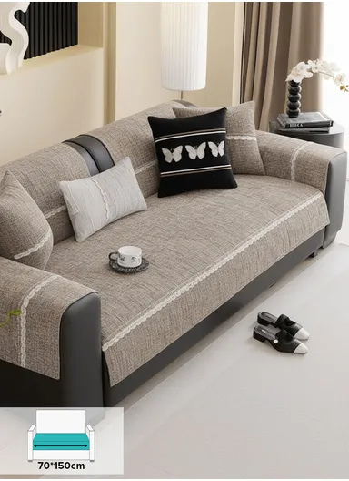 70x150cm 2-Seat Rustic Woven Sofa Cover with Braided Trim - Taupe