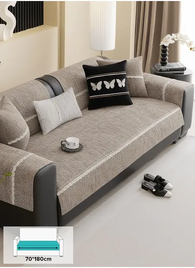 70x180cm 3-Seat Rustic Woven Sofa Cover with Braided Trim - Taupe