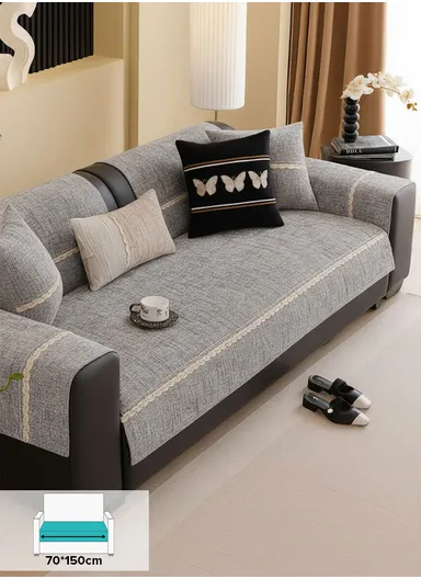 70x150cm 2-Seat Rustic Woven Sofa Cover with Braided Trim - Light Grey