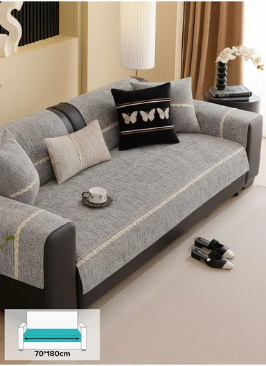 70x180cm 3-Seat Rustic Woven Sofa Cover with Braided Trim - Light Grey