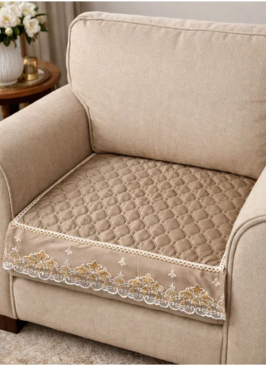 70x70cm 1-Seat Luxury Quilted Velvet Non-Slip Sofa/Couch Cover with Lace Trim - Beige