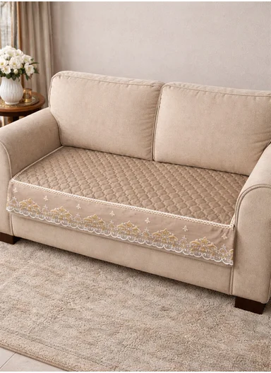 70x150cm 2-Seat Luxury Quilted Velvet Non-Slip Sofa/Couch Cover with Lace Trim - Beige