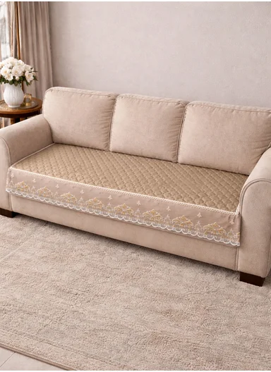 70x180cm 3-Seat Luxury Quilted Velvet Non-Slip Sofa/Couch Cover with Lace Trim - Beige