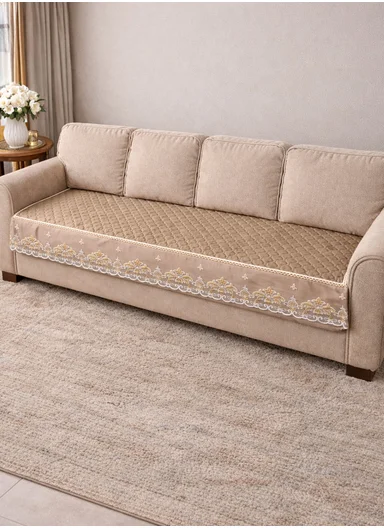 70x210cm 4-Seat Luxury Quilted Velvet Non-Slip Sofa/Couch Cover with Lace Trim - Beige