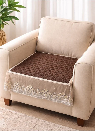 70x70cm 1-Seat Luxury Quilted Velvet Non-Slip Sofa/Couch Cover with Lace Trim - Brown
