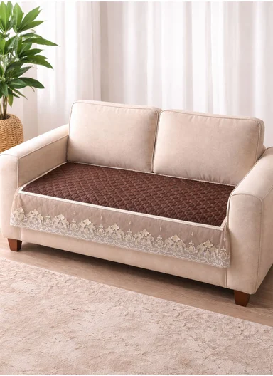 70x150cm 2-Seat Luxury Quilted Velvet Non-Slip Sofa/Couch Cover with Lace Trim - Brown