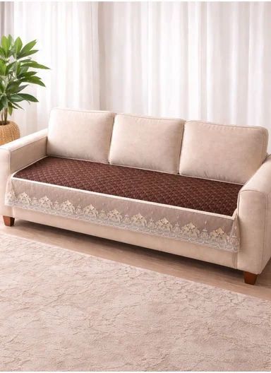 70x180cm 3-Seat Luxury Quilted Velvet Non-Slip Sofa/Couch Cover with Lace Trim - Brown